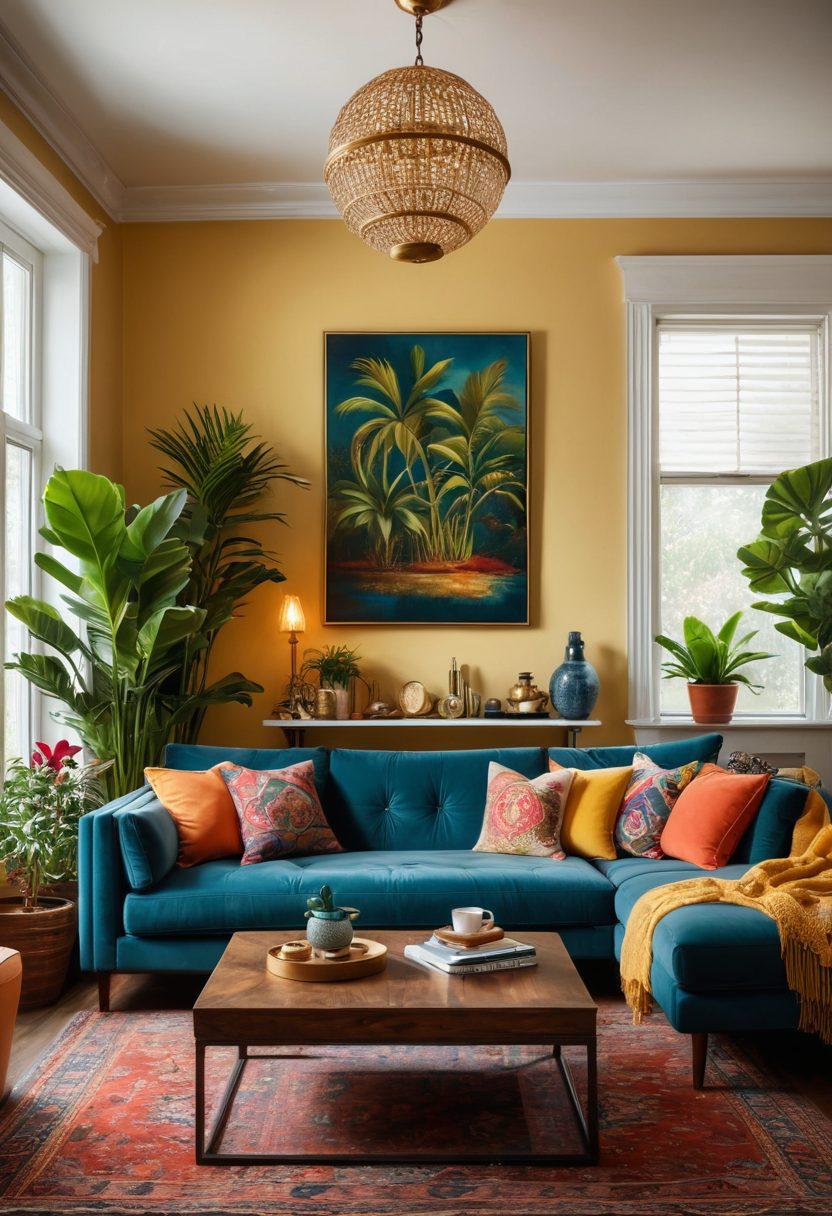 A beautifully styled living room showcasing various home décor elements like vibrant cushions, elegant wall art, lush indoor plants, and unique lighting fixtures. Include a cozy reading nook, a stylish coffee table with decor books, and hints of personal touches like family photos or handmade artifacts. The room should exude a warm, inviting atmosphere, capturing the essence of elegant home transformation. super-realistic. vibrant colors. cozy ambiance.